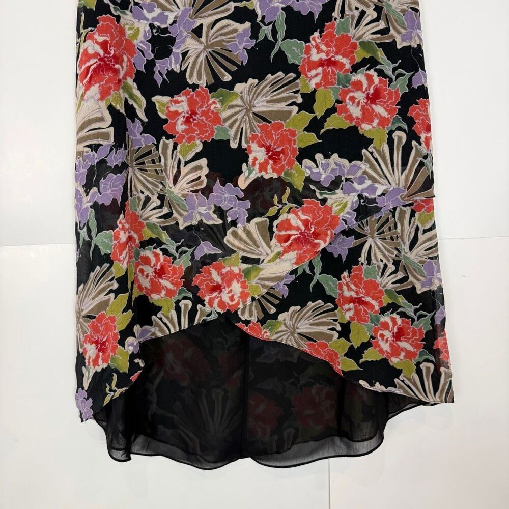 Silk Midi Skirt Vintage Adrianna Papell Size 12 Floral Print High Low Black Red - Picture 15 of 16